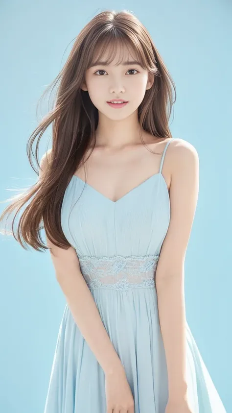 ( top quality:1.5), ( real :1.4), (ultra super detail:1.4), (1idol girl ), (19-years-old idol girl), (cute idol face with droopy eyes:1.2), (big breasts), (elegant white afternoon dress for idol costumes), (long light brown hair with bangs), (bangs), (idol...