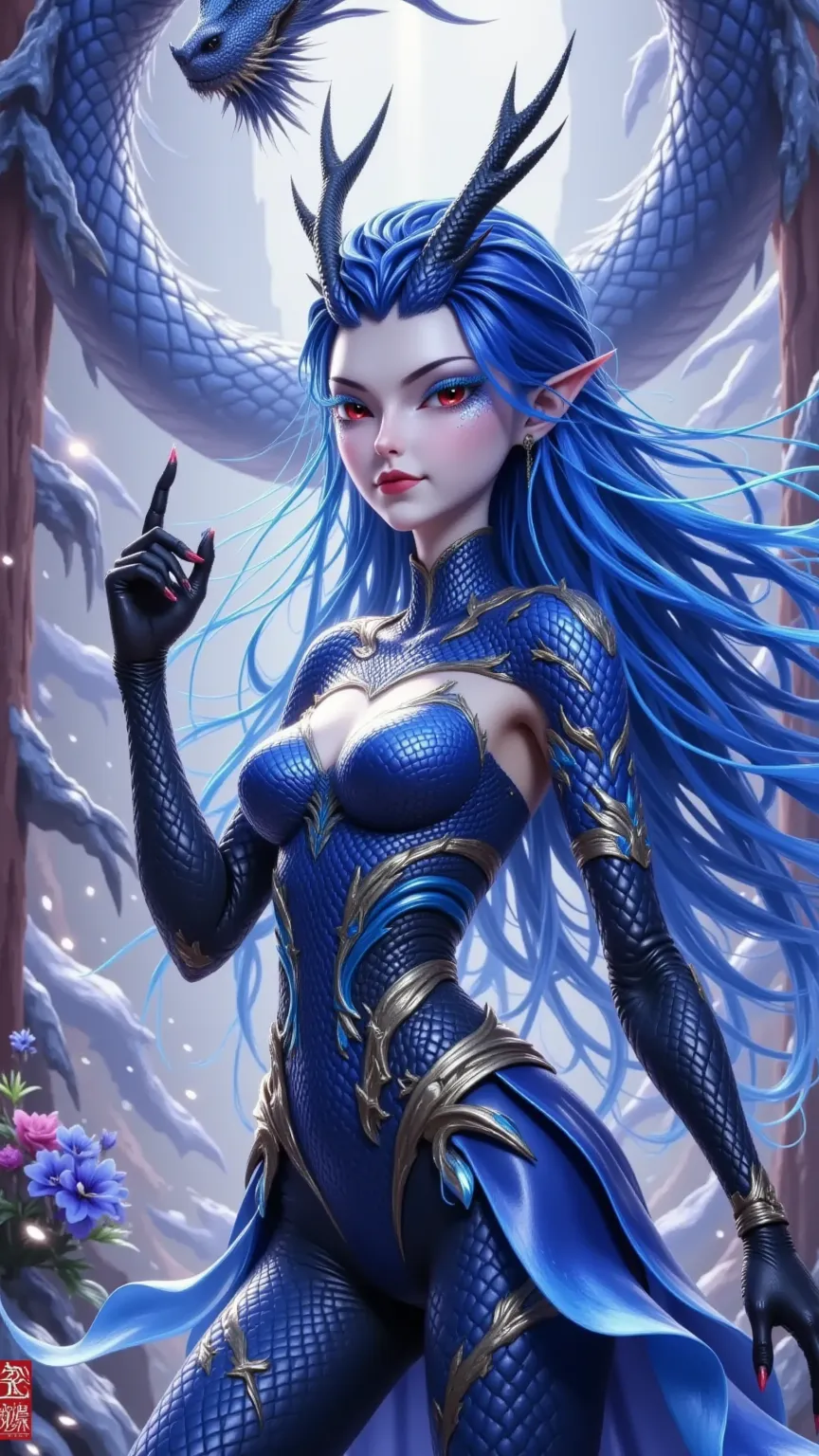 blue hair elf，Horns on the forehead， red eyes，Blue eyelashes， suit ，snakeskin armor，Super cool ， Half Man Half Machine ，Robotic Arm。Chinese Dragon