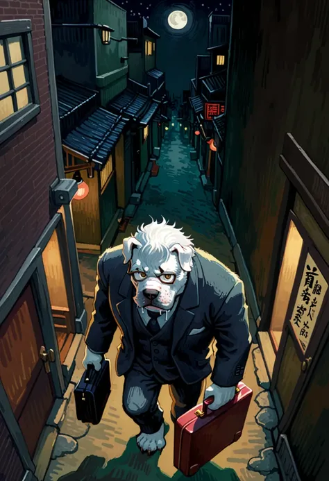  An anthropomorphic bulldog detective in a suit and glasses under the moonlight， anthropomorphic bulldog detective carrying a briefcase to a yakiniku restaurant ，Elongated shadows under the moonlight，Background with staggered buildings，Lights in the distan...