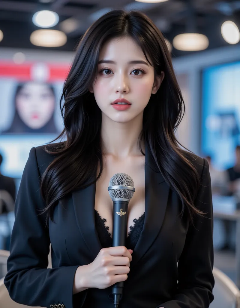 ( A super cute busty Korean female announcer with a microphone between her cleavage is sharing the news:1.2)(smile:1.1)(幸せそうなsmile:1.2)(16k,  RAW photos ,  top quality,  Masterpiece: 1.2),( cute bob cut with glossy black hair )  super detailed,  super reso...