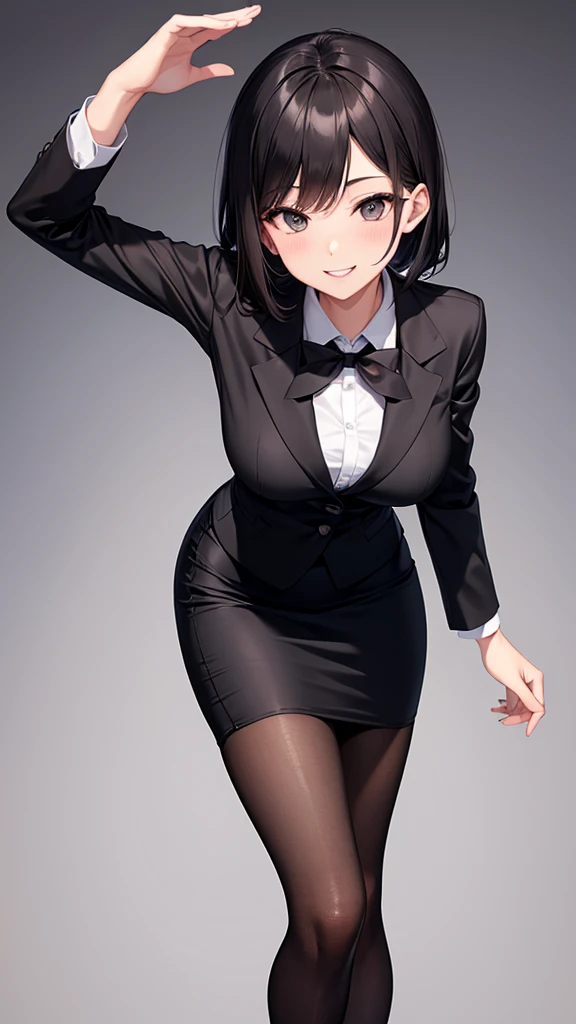 sexy older sister in a black business suit　　 　　The black tie is tight　 black pencil skirt 　Brown tights　smile　  high res　  high res　 with open legs