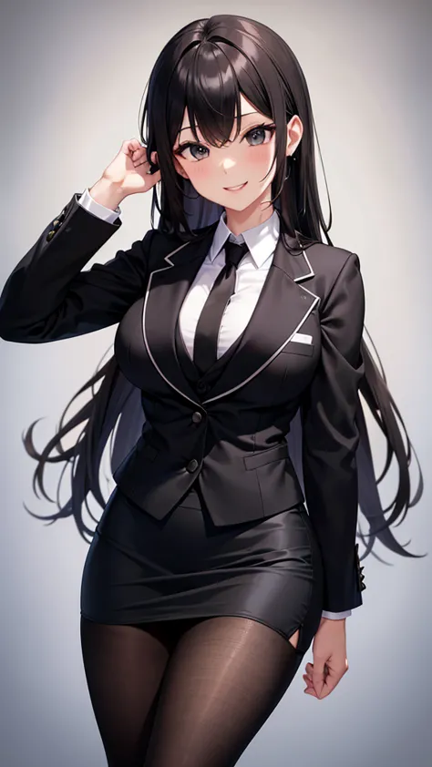 sexy older sister in a black business suit　　 　　The black tie is tight　 black pencil skirt 　Brown tights　smile　  high res　  high res　 with open legs