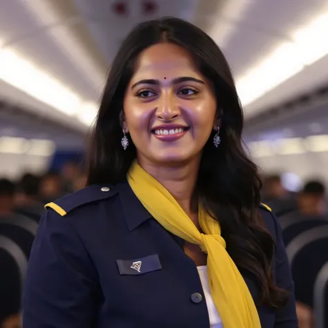 ((AnushkaShettyFlux)) Anushka is a flight attendant . She is wearing navy blue uniform and yellow scarf. short skirt, (black high heels), perfect legs, model pose,, flight cabin, pantyhose . She just found me entering the aircraft. She is standing...