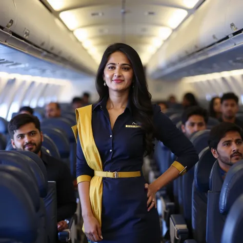 ((AnushkaShettyFlux)) Anushka is a flight attendant . She is wearing navy blue uniform and yellow scarf. short skirt, (black high heels), perfect legs, model pose,, flight cabin, pantyhose . She just found me entering the aircraft. She is standing...