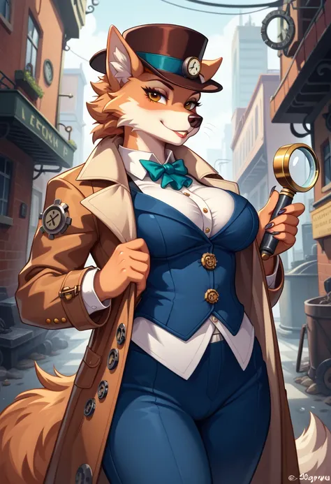 Create a highly detailed steampunk-style illustration of a cool anthropomorphic female dog detective, She should have distinct canine features such as pointed ears a fluffy tail and a snout, Her fur should be sleek and well-groomed with intricate texture a...