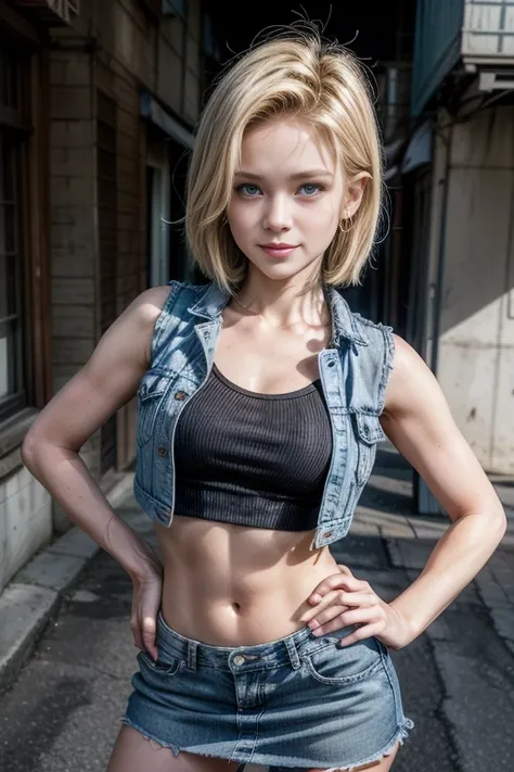 Best Quality, hight resolution, and18, 1girl in, Android 18, Solo, Blonde hair, Blue eyes, Short hair, Lovely smile，earrings, Jewelry, Denim Vest, open vest, Black Sports Bra, Jeans miniskirt, Blue mini skirt, tiny chest, Cowboy Shot, Pose with your buttoc...