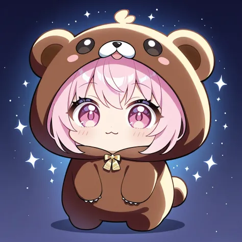  Super High Definition、8k、16k、 Super Quality 、A girl with a very cute Ichibi character wearing a bear costume、 detailed face、 Details、 big eyes、 pink eye、Shirogane hair、 simple background、 glitter effect、wide angle full body shot、 sharp details