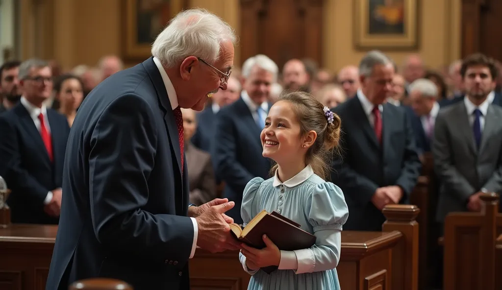 " A young girl in a light blue dress , holding an old book ,  standing in the crowded church .  She smiles warmly while looking up at an older man wearing a dark suit with a red tie,  people are bending down to talk to her on a wooden platform .  The backd...