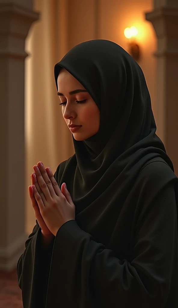 A woman wearing a hijab raises her hands in prayer, and her face reflects feelings of regret and apology, in a quiet place with warm lighting that adds spirituality to the scene.
