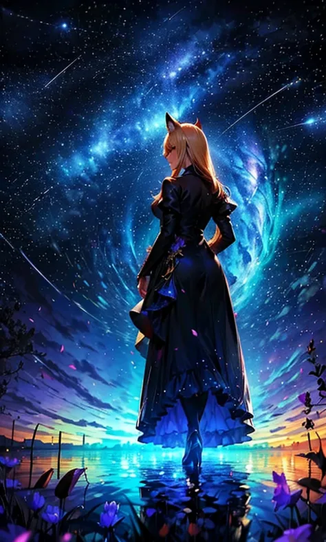 １people々々々々々々々々々々,      blond woman ，           fox ears，           Long Coat     ，          tall      ，            dress silhouette，            rear view，Space Sky,    Flower Field   ，Countless meteor showers，               colorful flowers     ，Dancing p...