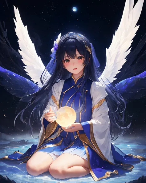  The image depicts the universe, The night sky where the little stars shine,  Stars filled with  , Clothes that create a deep space atmosphere、(光と一体化する後姿のAngel:1.2),(wings fluttering in the wind and long hair 1 .2),crystal、(Mysterious and beautiful Earth:1...