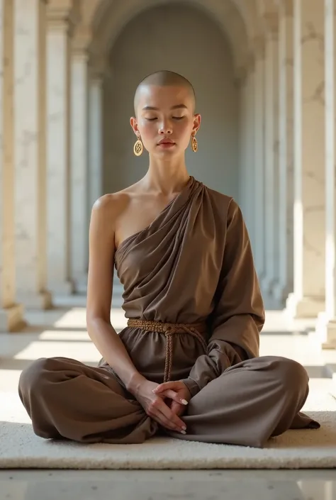 Bhikkhuni is a Thai beauty queen, shaved head, beautiful face,  Huge breasts, BIG boobs elegant, perfect figure, wearing a brown-gray Thai monk's robe, covering the body tightly, not revealing the sexiness of the body, eyes closed, meditating on a white ca...