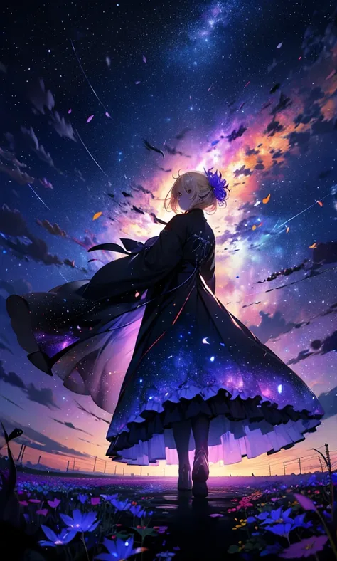 １people々々,     blond woman ，        ，          Long Coat      ，         tall     ，           dress silhouette，           rear view，Space Sky,  Flower Field ，Countless meteor showers，             colorful flowers     ，Dancing petals，