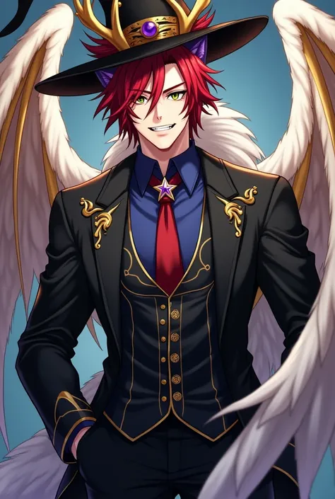 an attractive and muscular man, with an imposing and elegant air. Her scarlet red hair is soft and straight , falling gracefully on both sides of his face, giving him a refined and mysterious appearance. his eyes, that has central heterochromia, combining ...