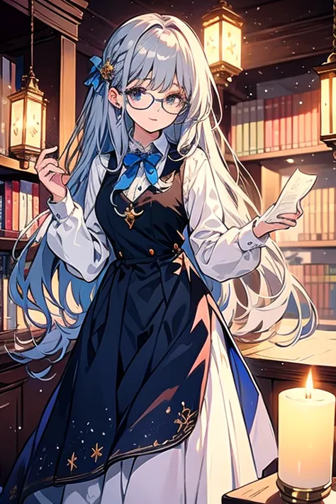 Inside the library、 silvery long hair、 Her eyes sparkle like blue jewels 。 glasses。I'm wearing a western style dress with a dark blue vest and a long white skirt、An anime-style beauty in her 20s  。  is standing with a Western-style candle in her hands  。  ...