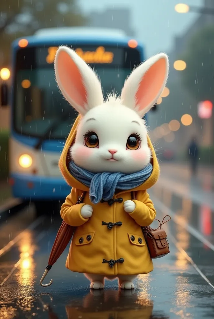 "A heartwarming, ultra-high-resolution illustration of an adorable anthropomorphic rabbit standing at a rainy bus stop. The rabbit has large, expressive eyes and soft, fluffy white fur. It wears a cozy yellow raincoat with detailed toggle buttons, a hood c...