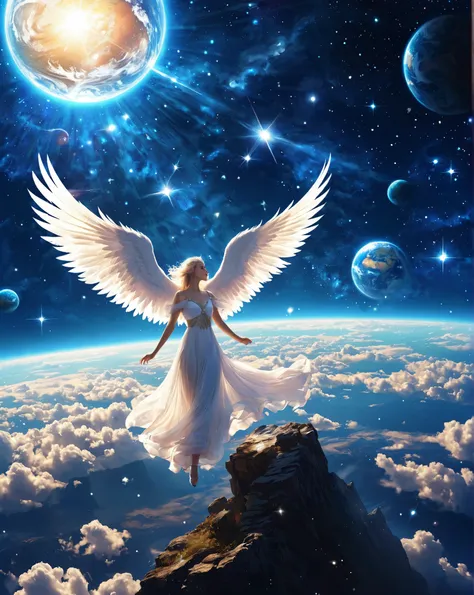 The image depicts the universe, The night sky where the little stars shine, Stars filled with , create a deep space atmosphere、(光と一体化する後姿の飛ぶangel:1.2),(Wings fluttering in the wind:1.2),crystal、(Mysterious and beautiful Earth:1.3)、 Fantastic、angel、 has...