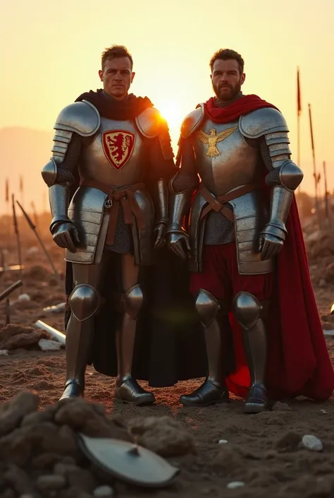 "Two knights, both wearing battle-worn armor, stand proudly in the midst of a ruined battlefield. The first knight’s armor features a red lion emblem on his chest, while the second knight wears a golden eagle on his breastplate. The field is scattered with...