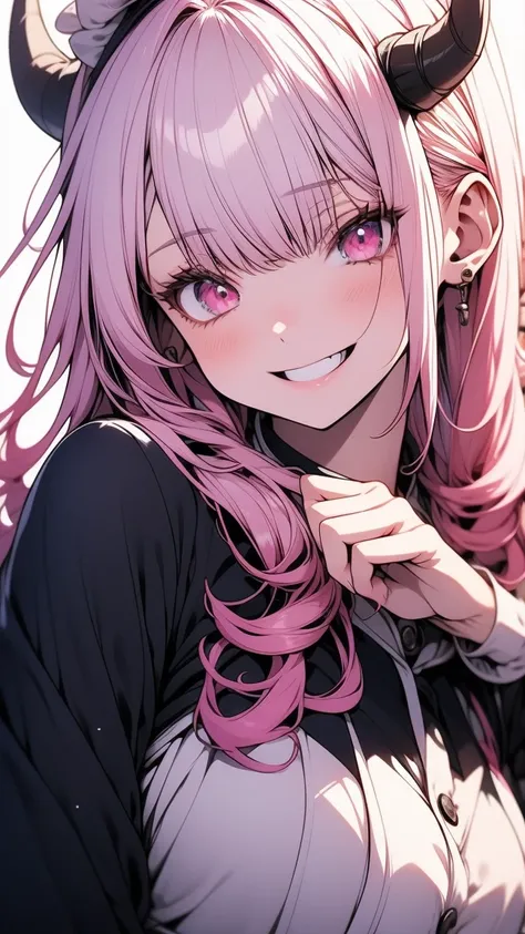 masterpiece,   rolled up ,  high resolution, first-class,  in anime style,  the best lighting ,   nice face, Tensur, shuna,  2 white horns  ,  carpenter's maids' clothing ,  A pink-haired , Hair length, Outstanding smile,  Look at your audience