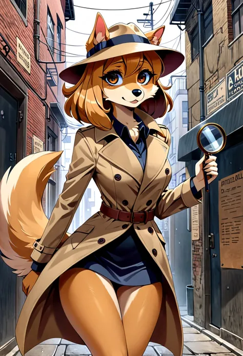 Create a detailed fantastical illustration of an anthropomorphic female dog detective in an anime-inspired style, She should have pointed ears a fluffy tail and a snout with a human-like body, Her fur should be sleek and well-groomed, She should wear a sty...