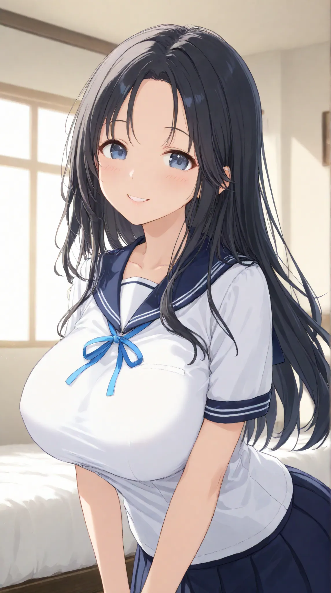 Big Breasts,    、  morning、 navy blue sailor suit、 dark blue pleated skirt 、room、（morning起こしに来る）、long hair,   black hair , bangs,    ,  smile,  ,  smiles,   , （One girl 1.5）, （ blue ribbon）、（ 1.5）solo, 