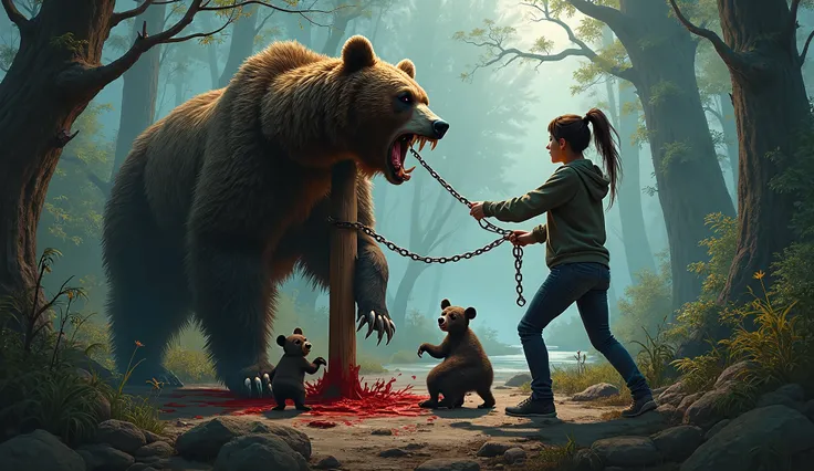 A dramatic and emotional scene in a dense forest clearing, where a massive mother bear is chained to a wooden post, wounded and roaring in pain. Blood stains the ground beneath her, and her sharp claws are extended in desperation. Nearby, three frightened ...