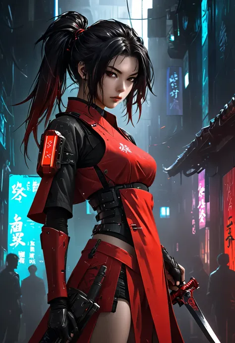 a woman in a red outfit holding a knife and a sword, cyberpunk anime girl, very beautiful cyberpunk samurai, female cyberpunk anime girl, cyberpunk anime girl mech, anime cyberpunk art, digital cyberpunk anime art, digital cyberpunk - anime art, cyberpunk ...