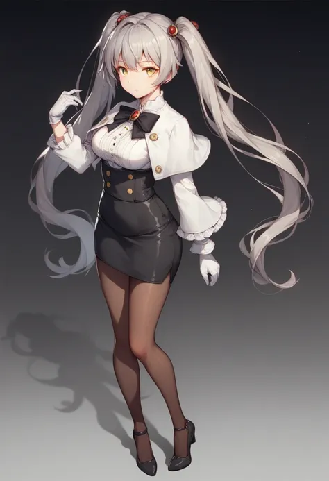 hoshino ruri, 1girl, solo, long hair, breasts, looking at viewer, long sleeves, closed mouth, twintails, standing, white shirt, full body, yellow eyes, grey hair, white gloves, black skirt, miniskirt, black footwear, black pantyhose, gradient background, b...