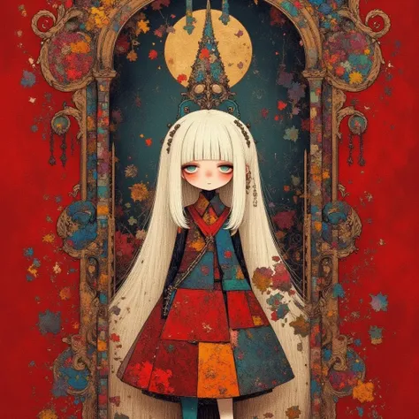 in anime cell style, kawaii anime, 1girl, fashion dress, white hair, blunt bangs, half closed eyes, bags under eyes, full body,  multi colored  cloth, standing, blush, long eyelashes, black boots, black tights, full length, long hoodie, crayon art,  backgr...