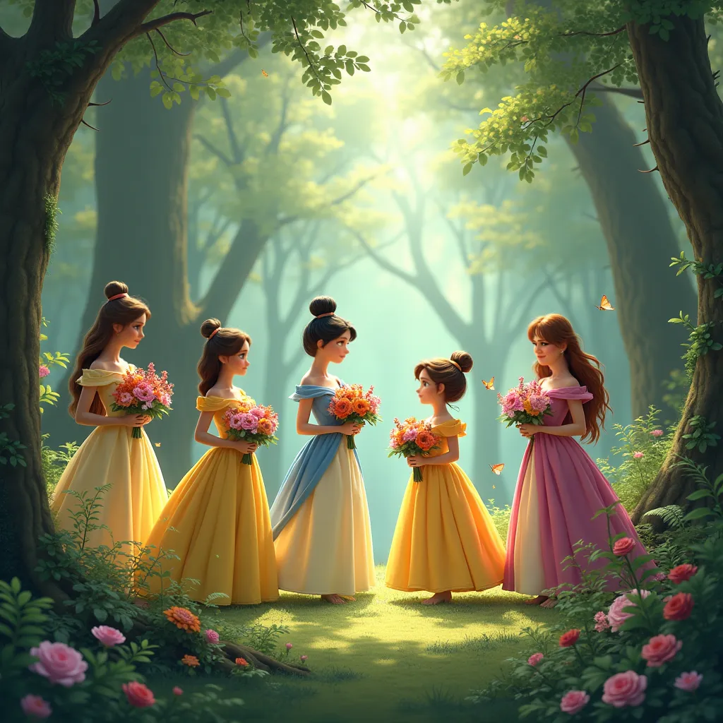 Disney princesses in the woods with flowers in their hands