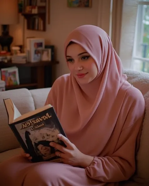 A photo of a beautiful woman in hijab reading a book on a sofa in a cozy livingroom, the title of the book is "Al-Islam", soft natural lighting, candid shot, warm color tones, high-resolution, focus on the subject with a blurred background, capturing a ser...