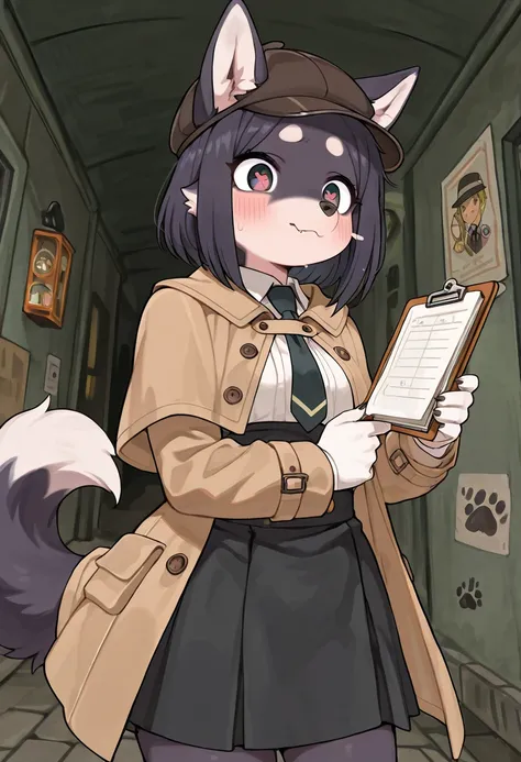 Create a detailed fantastical illustration of an anthropomorphic female dog detective in an anime-inspired style, She should have pointed ears a fluffy tail and a snout with a human-like body, Her fur should be sleek and well-groomed, She should wear a sty...