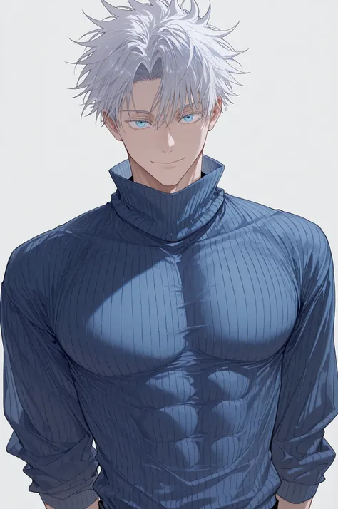 suou (sdurorhr), ningen mame, (ciloranko:0.7), portrait, 1boy, male focus, gojou satoru, jujutsu kaisen, short hair, curtained hair, middle part, long bangs, wavy hair, blue eyes, smile, closed mouth, ((muscular)), handsome, sexy man, mature male, cool, bl...