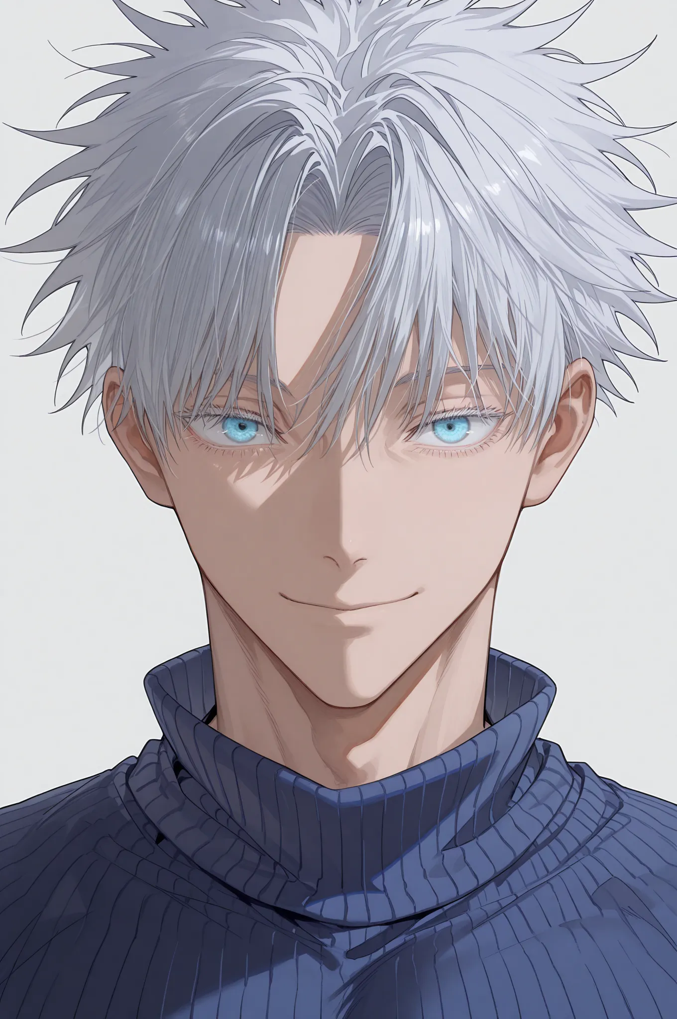 suou (sdurorhr), ningen mame, (ciloranko:0.7), portrait, 1boy, male focus, gojou satoru, jujutsu kaisen, short hair, curtained hair, middle part, long bangs, wavy hair, blue eyes, smile, closed mouth, ((muscular)), handsome, sexy man, mature male, cool, bl...