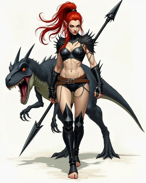 Full-body illustration of a fierce, battle-ready elf female warrior with long, flowing red hair in a high ponytail. She stands in a dynamic pose, wielding a jagged spear in one hand and a curved dagger in the other. Her piercing gaze and toned physique exu...