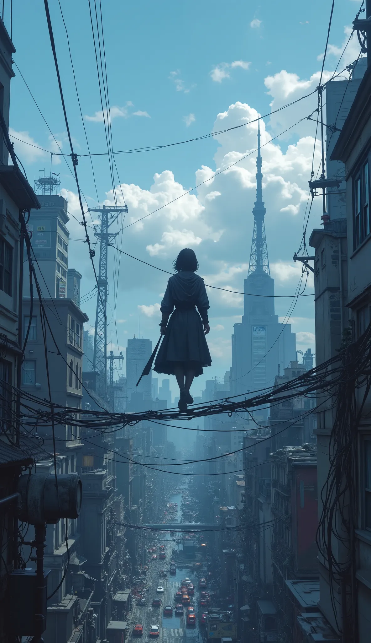 Carafe walking on electric wires over the city with the sky in the background, Walking on a small town, inspired Liam Wong,  Makoto ,  Sergei Kolesoff ,  Stunning Wallpaper , Liam Wong, City Concept Art,  standing on the roof of a skyscraper, Written by Zo...