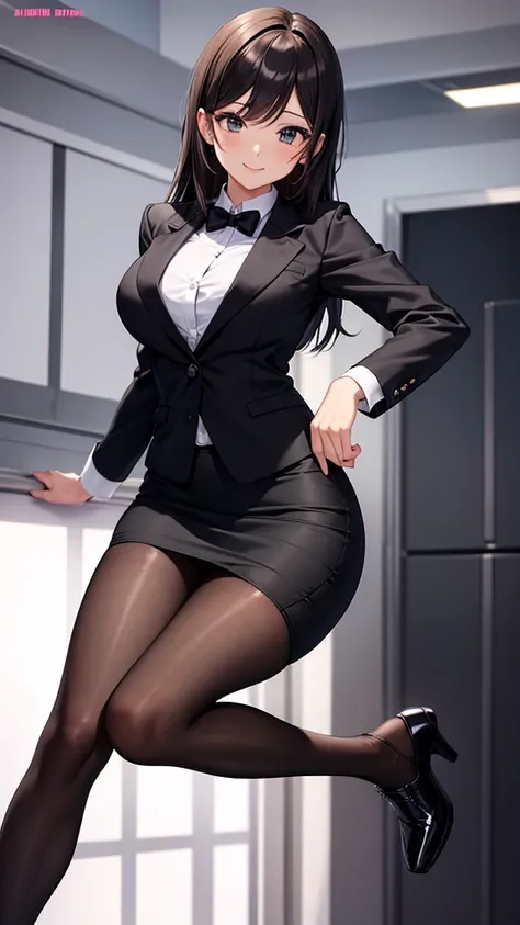 sexy older sister in a black business suit　　 　　The black tie is tight　 black pencil skirt 　Brown tights　A radiant smile　  high res　  high res　 with open legs