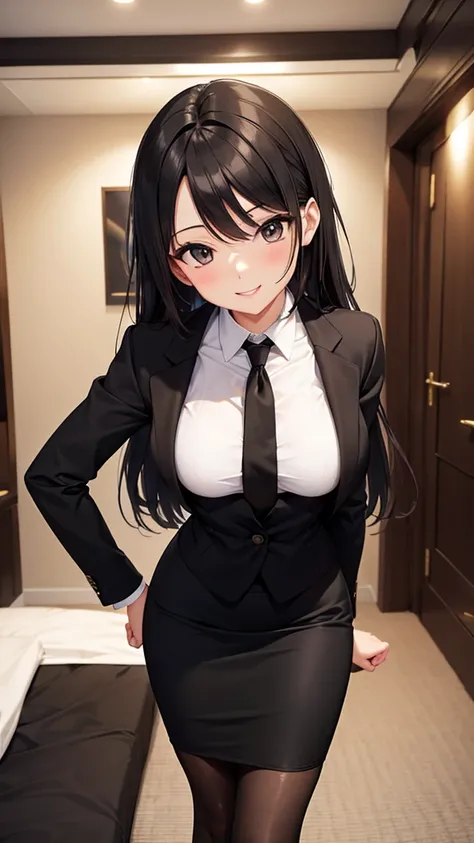 sexy older sister in a black business suit　　 　　The black tie is tight　 black pencil skirt 　Brown tights　A radiant smile　  high res　  high res　 with open legs