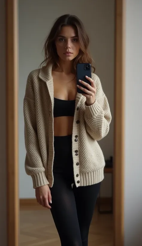 real photo. a female,33 years old, european, young adult, slim body, small breasts, brunette hair. The girl is very skinny.  In a knitted wool jacket and black tights.  At Home Takes a selfie in the mirror. 8 k,  Maximum detail 