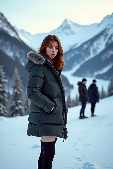 NSFW, HDR, 8K, Une jeune femme cheveux mi long châtain portant une jupe patineuse et une doudoune, elle est à la montagne sur la neige. Elle est sensuelle et magnifique. Deux hommes au loin ont leurs sexes visibles en la regardant