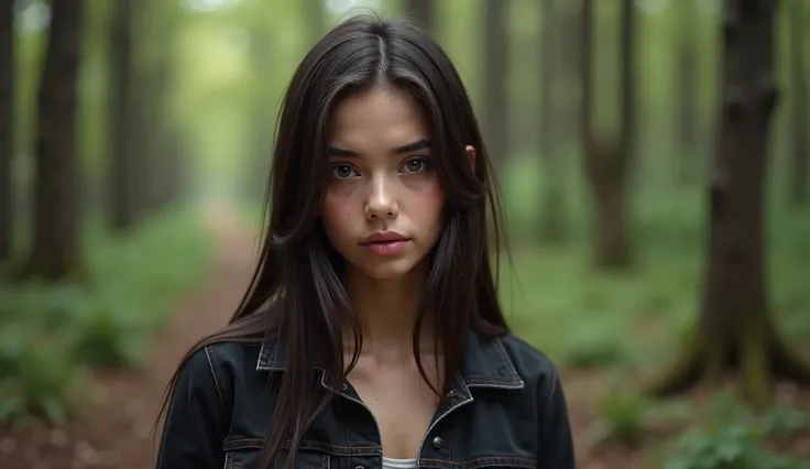 (photorealism:1.2),"A young woman with straight, dark hair, featuring a subtle braid on one side. She is wearing a black denim jacket, standing in a forested environment. The background is blurred, highlighting the natural beauty of the woman’s blessing, y...