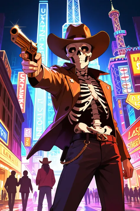 skeleton in cowboy hat and pants, pointing the gun, Las Vegas streets in the background, cyberpunk style.