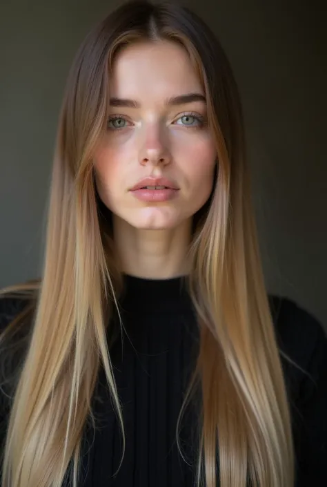 a close up of a woman with long hair and a black shirt, 19-year-old girl, she is facing the camera, with long hair, anna nikonova aka newmilky, low quality video, her hair is long and straight, sexy look at the camera, dasha taran, brunette with dyed blond...