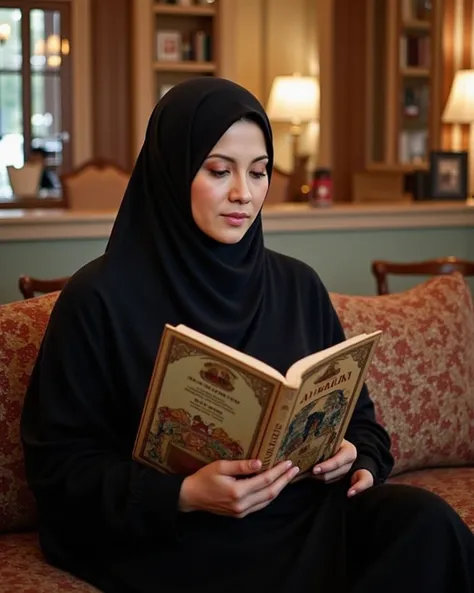 A photo of a beautiful woman in hijab reading a book on a sofa in a cozy livingroom, the title of the book is "Al-Islam", soft natural lighting, candid shot, warm color tones, high-resolution, focus on the subject with a blurred background, capturing a ser...