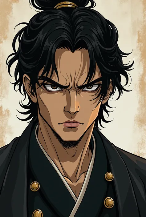  A man like the old Japanese manga with a shaded character that shadows the face. He has very black hair. He has a very dark face, his bones are prominent, his cheeks are very low, his nose is sharp, he has rough features, his eyes are falcon eyes. He has ...