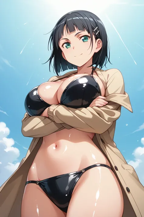 suguha kirigaya, short hair, black hair, hair ornament, hairclip, green eyes, huge breasts, black bikini, (latex bikini:1.2), cardigan coat, navel, smile, crossed arms, (shiny skin:1.3), standing, open stance, from below, masterpice, best quality, high res...