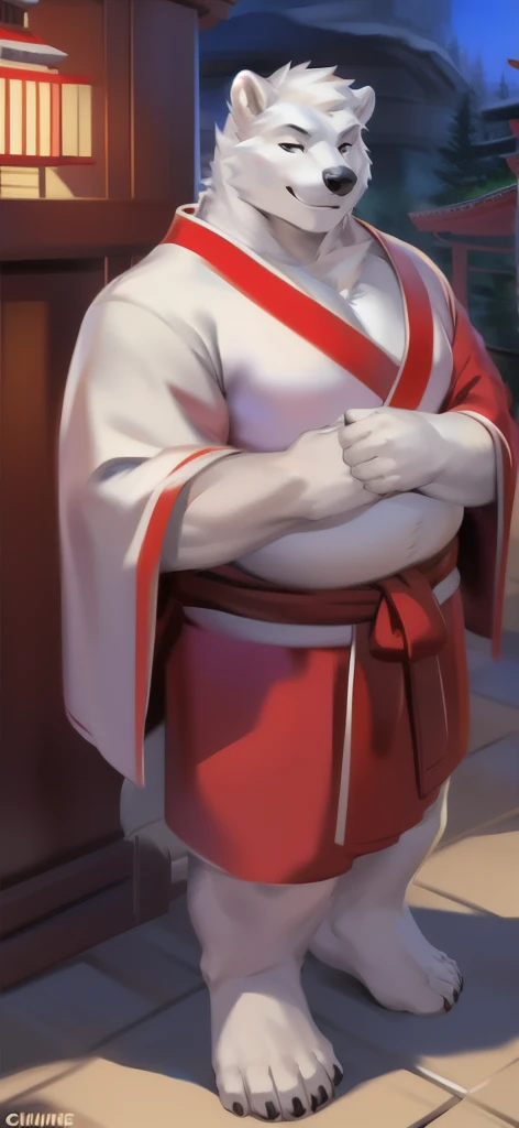  alone , Male tall , Big torso , posture, Standing , Miko Shrine,polar bear ,Holding a shrine samurai sword,​white kimono shirt miko red kimono pants miko, Overweight ,  Muscle Bundle, Smirk, by chunie 