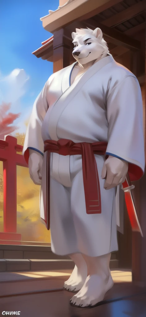  alone , Male tall , Big torso , posture, Standing , Miko Shrine,polar bear ,Holding a shrine samurai sword,​white kimono shirt miko red kimono pants miko, Overweight ,  Muscle Bundle, Smirk, by chunie 