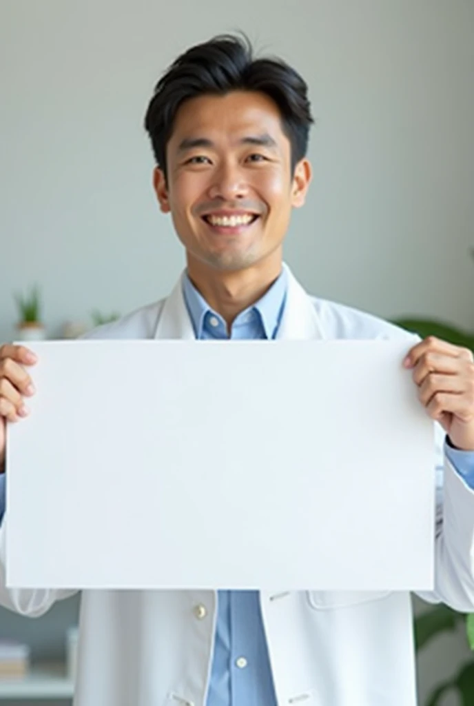 ASIAN MALE PHARMACIST, HOLDING A BLANK BANNER, ASIAN, WHOLE BODY WITH LEGS AND FEET, HANDSOME YOUNG