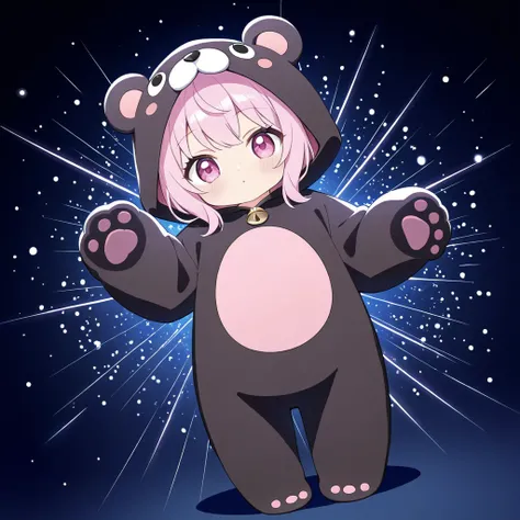  Super High Definition、8k、16k、 Super Quality 、A girl with a very cute Ichibi character wearing a black bear costume、 detailed face、 Details、 big eyes、 pink eye、Shirogane hair、 simple background、 glitter effect、wide angle full body shot、 sharp details